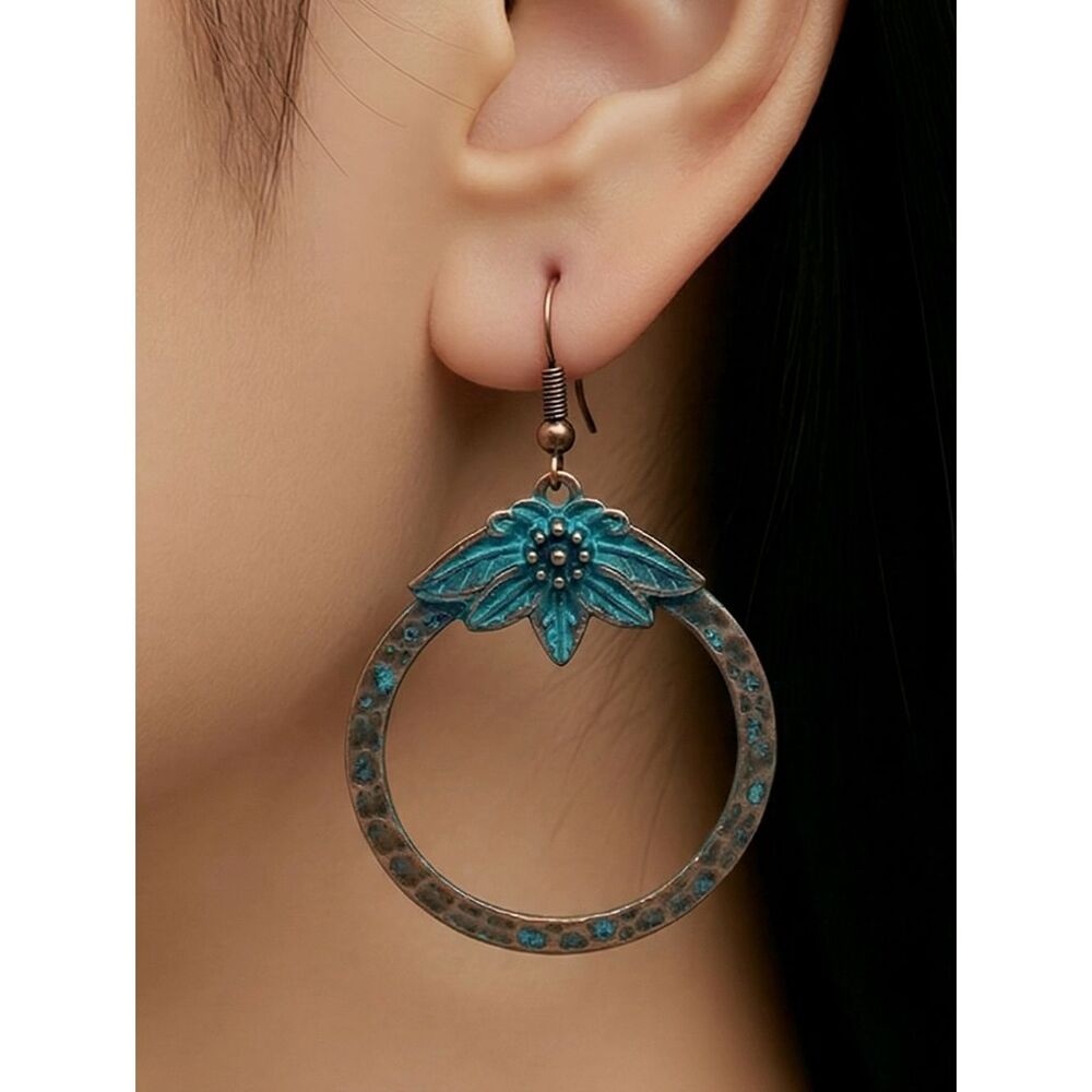Copper Patina Hoop Earrings Turquoise Lotus Flower Boho Western Hammered Dangle